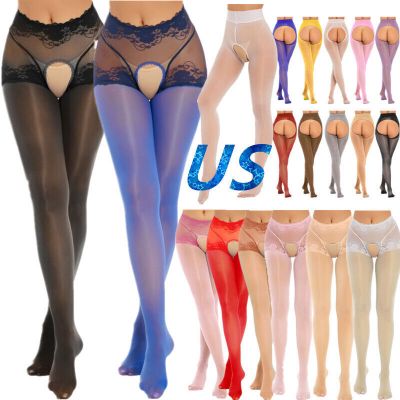 US Women's Glossy Crotchless Tights Pantyhose Sheer High Rise Stockings Lingerie